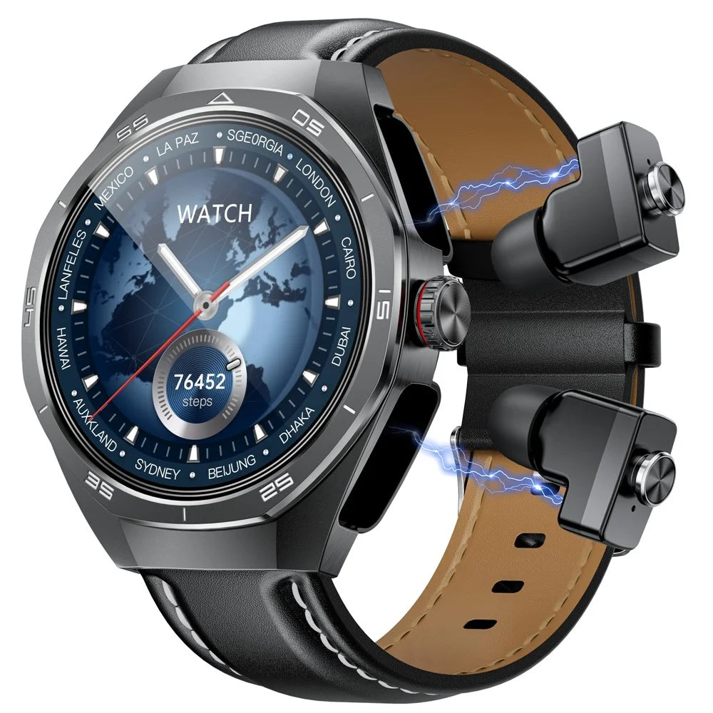 GT97 2 in 1 Bluetooth-compatible TWS Earphones 1.53 Inch Round Screen Heart Rate Monitor Smart Watch - Black Leather Strap - 1