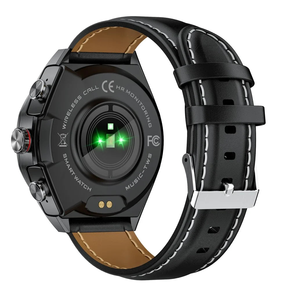 GT97 2 in 1 Bluetooth-compatible TWS Earphones 1.53 Inch Round Screen Heart Rate Monitor Smart Watch - Black Leather Strap - 2