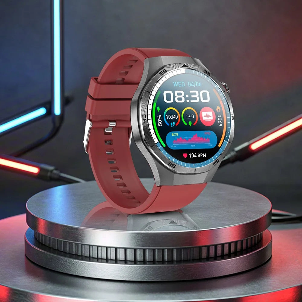 ET456 Silicone Strap 1.56 Inch Round AMOLED Screen Smart Watch Bluetooth-Compatible Call ECG Health Monitor Sports Watch - Red - 7