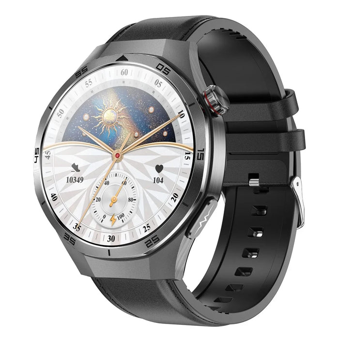 ET456 Leather Strap 1.56 Inch Round AMOLED Screen Smart Watch Bluetooth-Compatible Call ECG Health Monitor Sports Watch - Black - 1