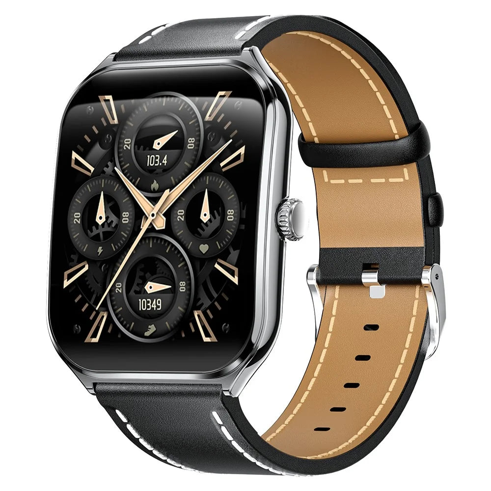 MT61 Ultra Thin Smart Watch 1.96 Inch AMOLED Curved Screen Bluetooth-Compatible Calling Health Monitor, Leather Strap - Black - 1