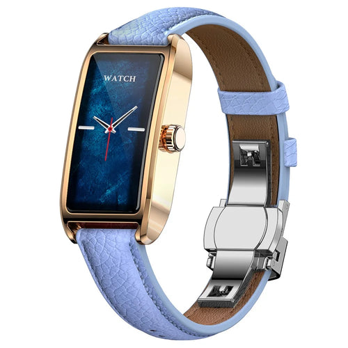 Dora T Smart Watch for Women Fitness Tracker IP68 Waterproof Heart Rate Monitor Smartwatch, Leather Band - Rose Gold Case / Blue - 1