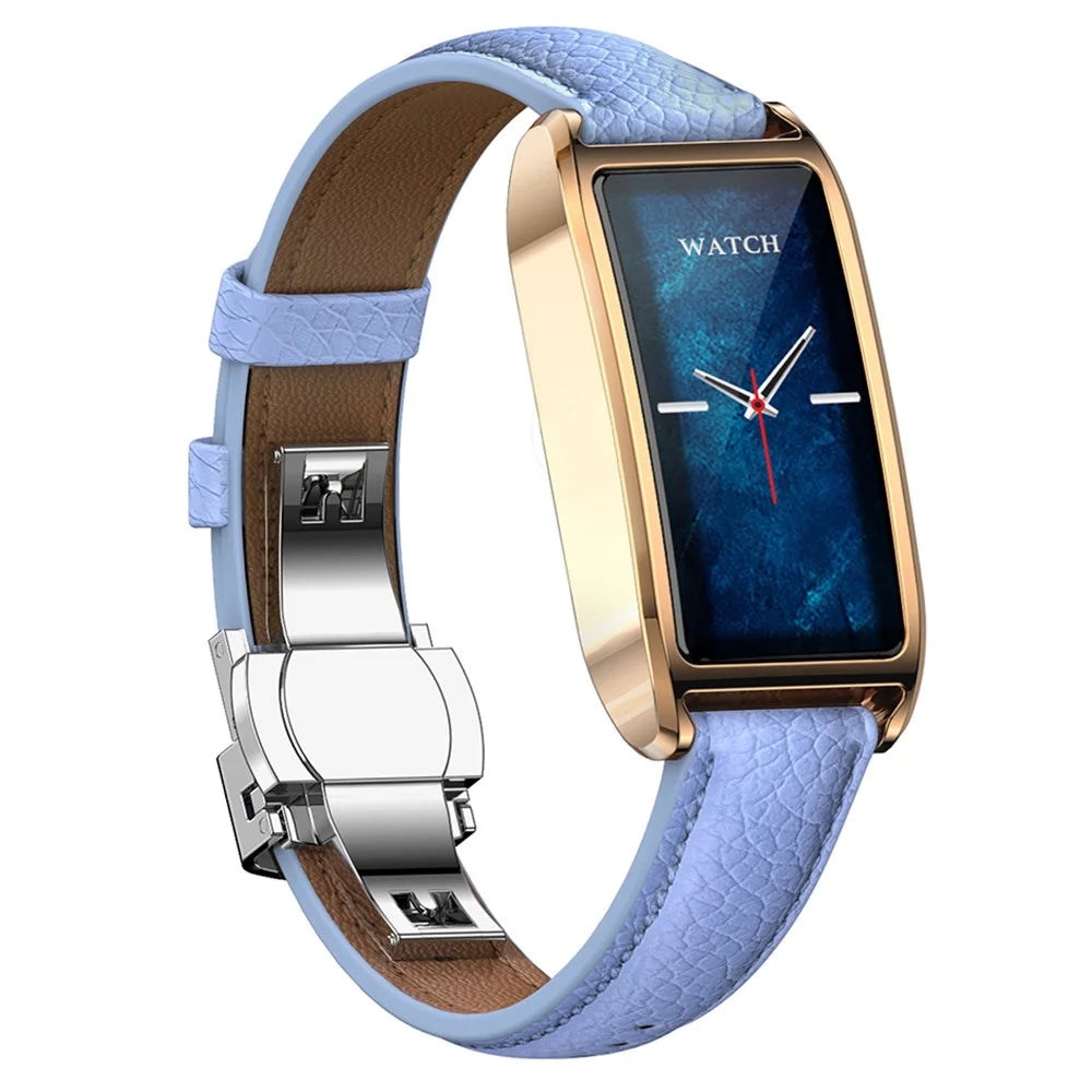 Dora T Smart Watch for Women Fitness Tracker IP68 Waterproof Heart Rate Monitor Smartwatch, Leather Band - Rose Gold Case / Blue - 2
