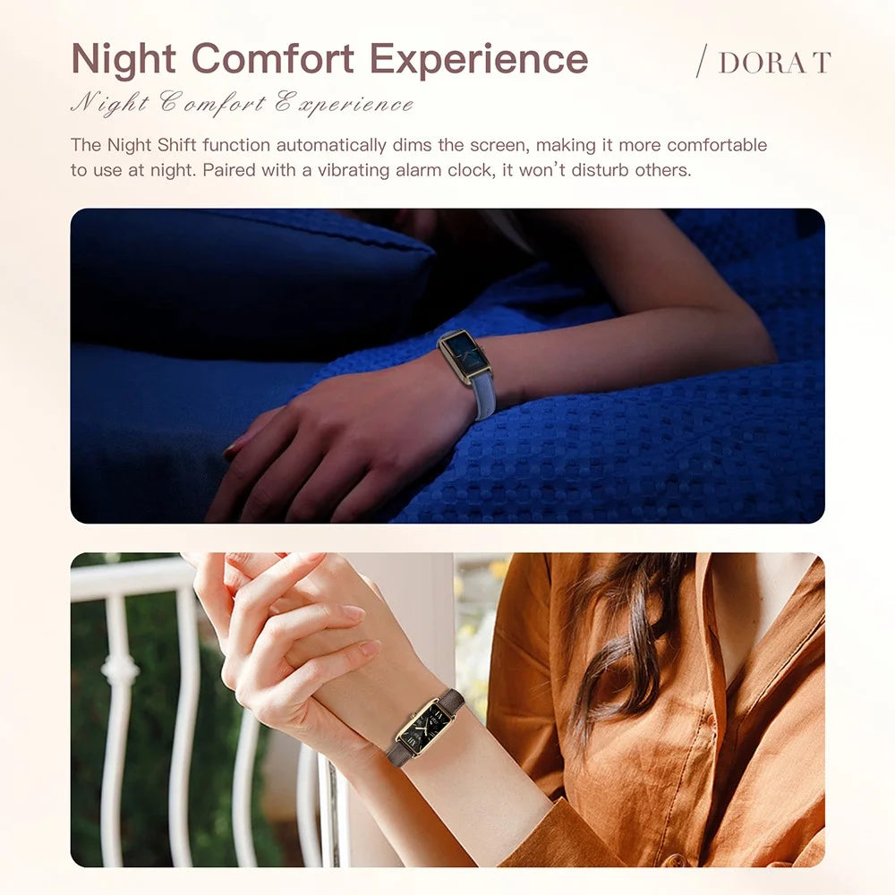 Dora T Smart Watch for Women Fitness Tracker IP68 Waterproof Heart Rate Monitor Smartwatch, Leather Band - Rose Gold Case / Blue - 6