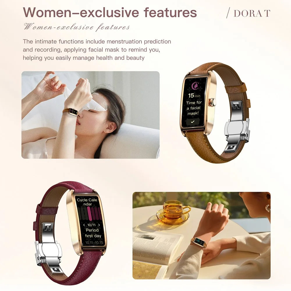 Dora T Smart Watch for Women Fitness Tracker IP68 Waterproof Heart Rate Monitor Smartwatch, Leather Band - Rose Gold Case / Blue - 7