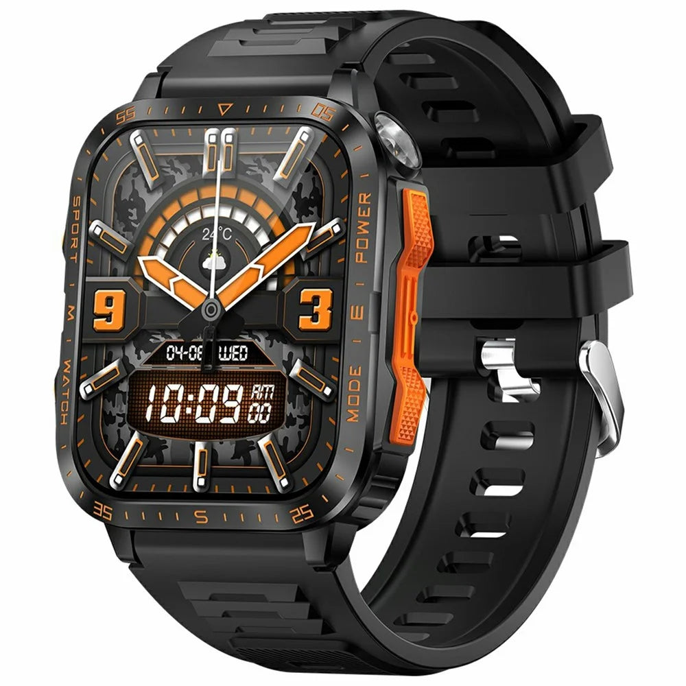 KT79 1.96 Inch Outdoor Rugged Smart Watch with Flashlight Bluetooth-Compatible Call Sports Tracker Health Monitor - Black  /  Orange - 1