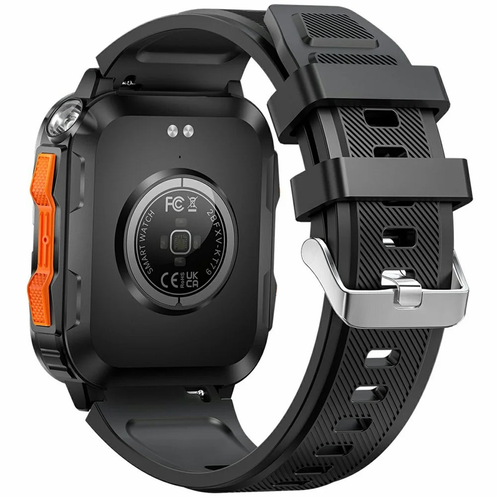 KT79 1.96 Inch Outdoor Rugged Smart Watch with Flashlight Bluetooth-Compatible Call Sports Tracker Health Monitor - Black  /  Orange - 2
