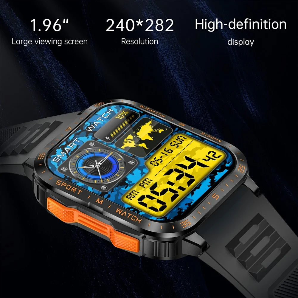 KT79 1.96 Inch Outdoor Rugged Smart Watch with Flashlight Bluetooth-Compatible Call Sports Tracker Health Monitor - Black  /  Orange - 3