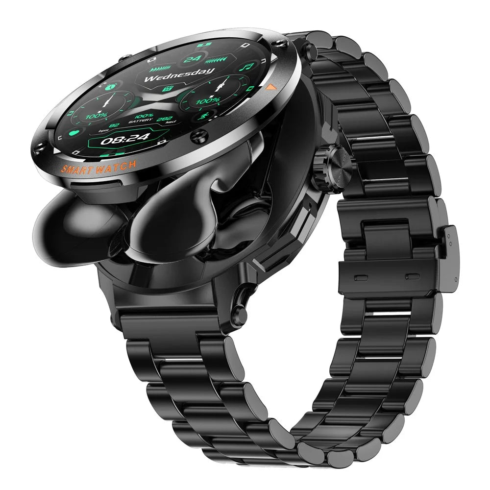 D13 Steel Strap Smart Watch with Bluetooth-Compatible Earbuds 2 in 1 Fitness Tracker Touchscreen Smartwatch - Black - 1