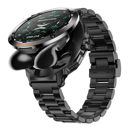 D13 Steel Strap Smart Watch with Bluetooth-Compatible Earbuds 2 in 1 Fitness Tracker Touchscreen Smartwatch - Black - 1