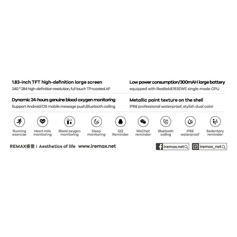 REMAX WATCH 20 Smart Watch Bluetooth-Compatible Calling IP68 Waterproof Heart Rate Monitor 100+ Sport Modes - Black - 3