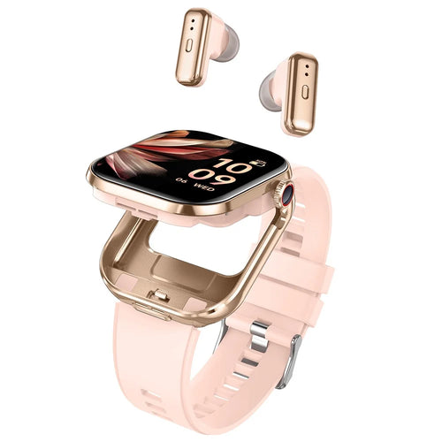 T99 Smart Watch 2 in 1 TWS Earbuds Bluetooth-compatible Call Heart Rate Blood Pressure Monitor Wristwatch - Gold+Pink - 1