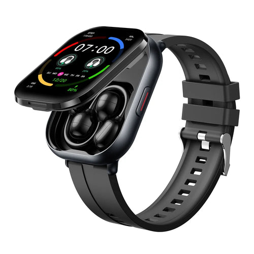 D12 2 in 1 Bluetooth-compatible Earbuds Smart Watch Health Monitoring Fitness Tracker 2.01 Inch TFT Screen Wristwatch, Silicone Strap - Black - 1
