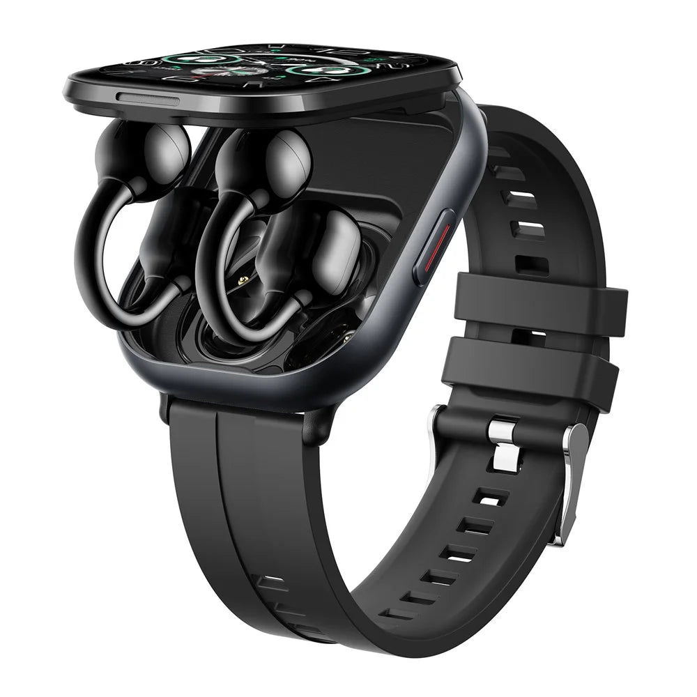 D12 2 in 1 Bluetooth-compatible Earbuds Smart Watch Health Monitoring Fitness Tracker 2.01 Inch TFT Screen Wristwatch, Silicone Strap - Black - 2