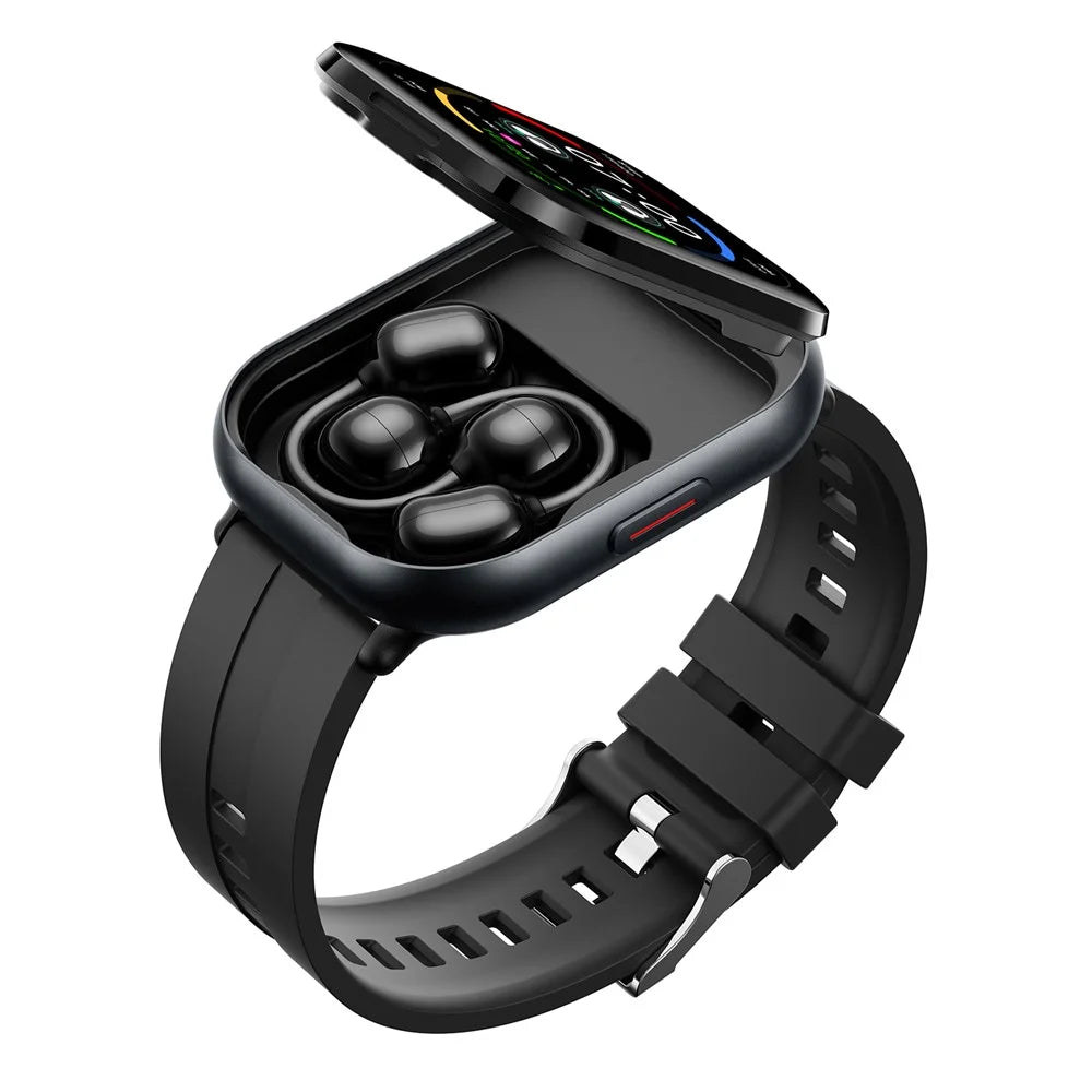 D12 2 in 1 Bluetooth-compatible Earbuds Smart Watch Health Monitoring Fitness Tracker 2.01 Inch TFT Screen Wristwatch, Silicone Strap - Black - 3