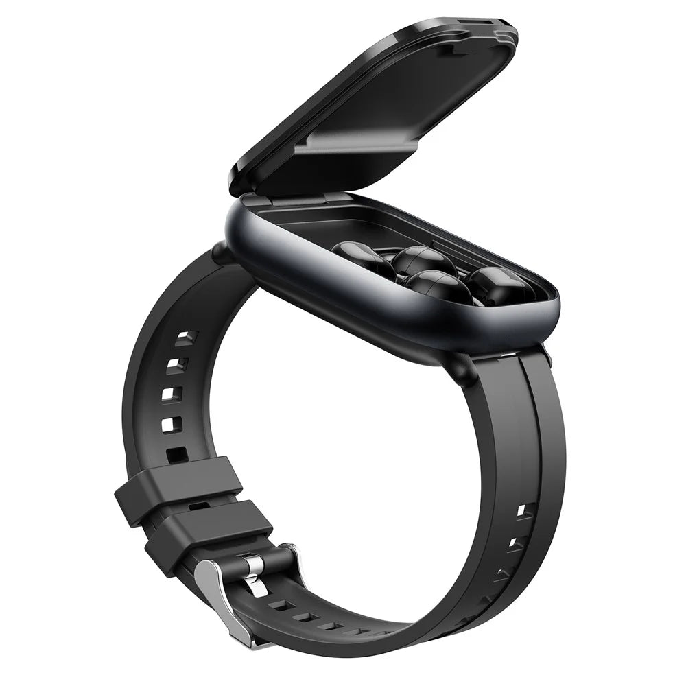 D12 2 in 1 Bluetooth-compatible Earbuds Smart Watch Health Monitoring Fitness Tracker 2.01 Inch TFT Screen Wristwatch, Silicone Strap - Black - 4