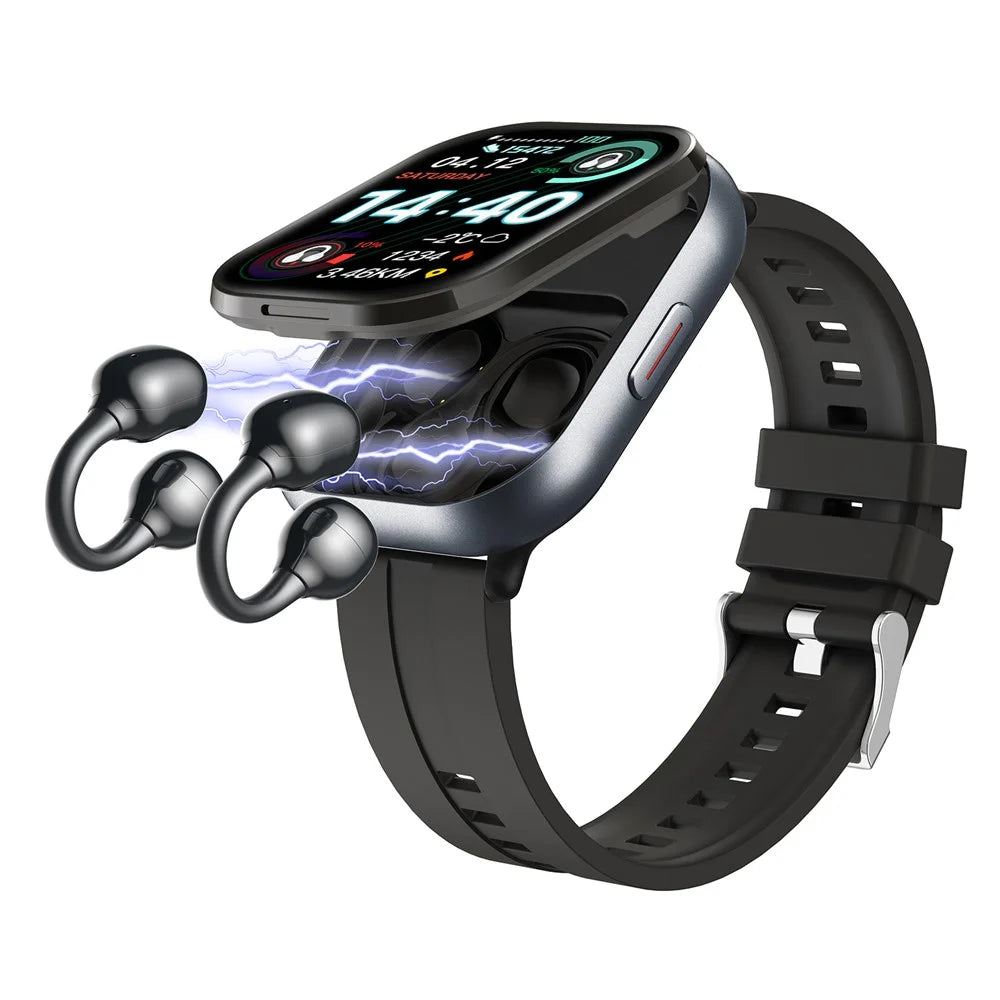 D12 2 in 1 Bluetooth-compatible Earbuds Smart Watch Health Monitoring Fitness Tracker 2.01 Inch TFT Screen Wristwatch, Silicone Strap - Black - 7