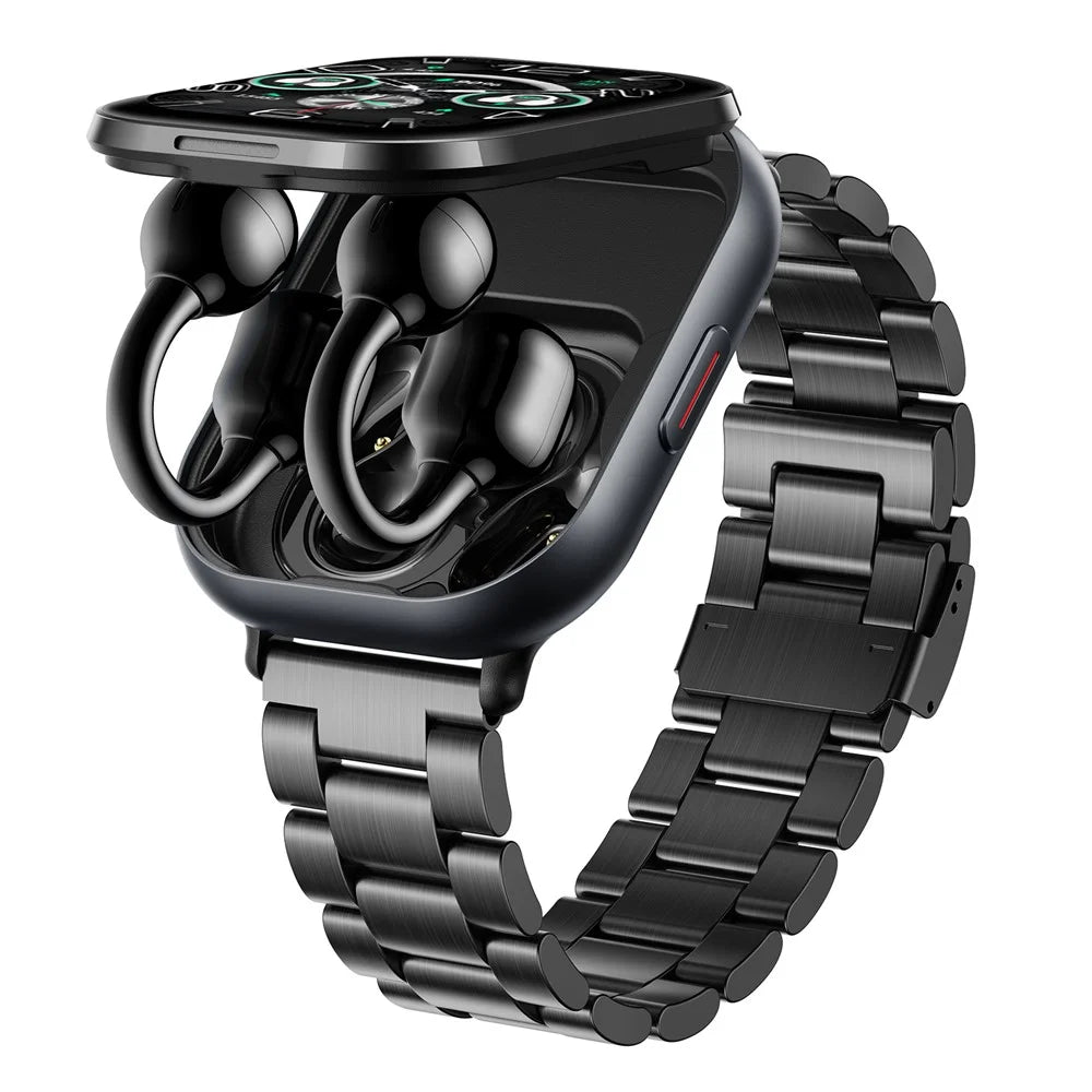 D12 2 in 1 Bluetooth-compatible Earbuds Smart Watch Health Monitoring Fitness Tracker 2.01 Inch TFT Screen Wristwatch, Steel Strap - Black - 1