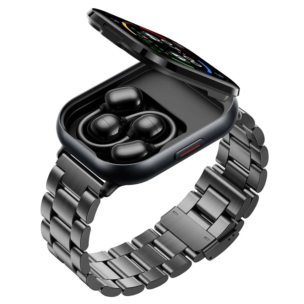 D12 2 in 1 Bluetooth-compatible Earbuds Smart Watch Health Monitoring Fitness Tracker 2.01 Inch TFT Screen Wristwatch, Steel Strap - Black - 2