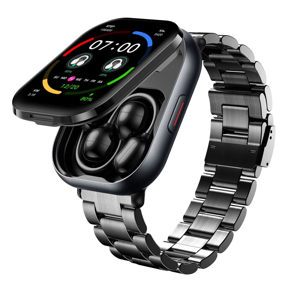 D12 2 in 1 Bluetooth-compatible Earbuds Smart Watch Health Monitoring Fitness Tracker 2.01 Inch TFT Screen Wristwatch, Steel Strap - Black - 3