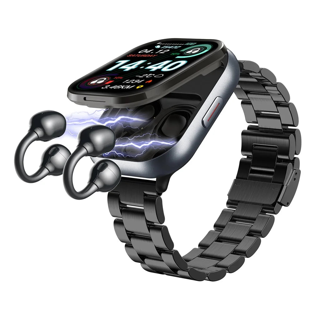 D12 2 in 1 Bluetooth-compatible Earbuds Smart Watch Health Monitoring Fitness Tracker 2.01 Inch TFT Screen Wristwatch, Steel Strap - Black - 6