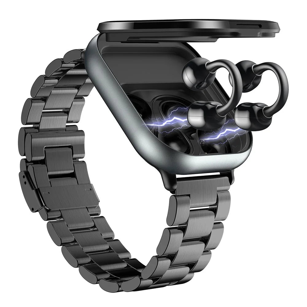 D12 2 in 1 Bluetooth-compatible Earbuds Smart Watch Health Monitoring Fitness Tracker 2.01 Inch TFT Screen Wristwatch, Steel Strap - Black - 7