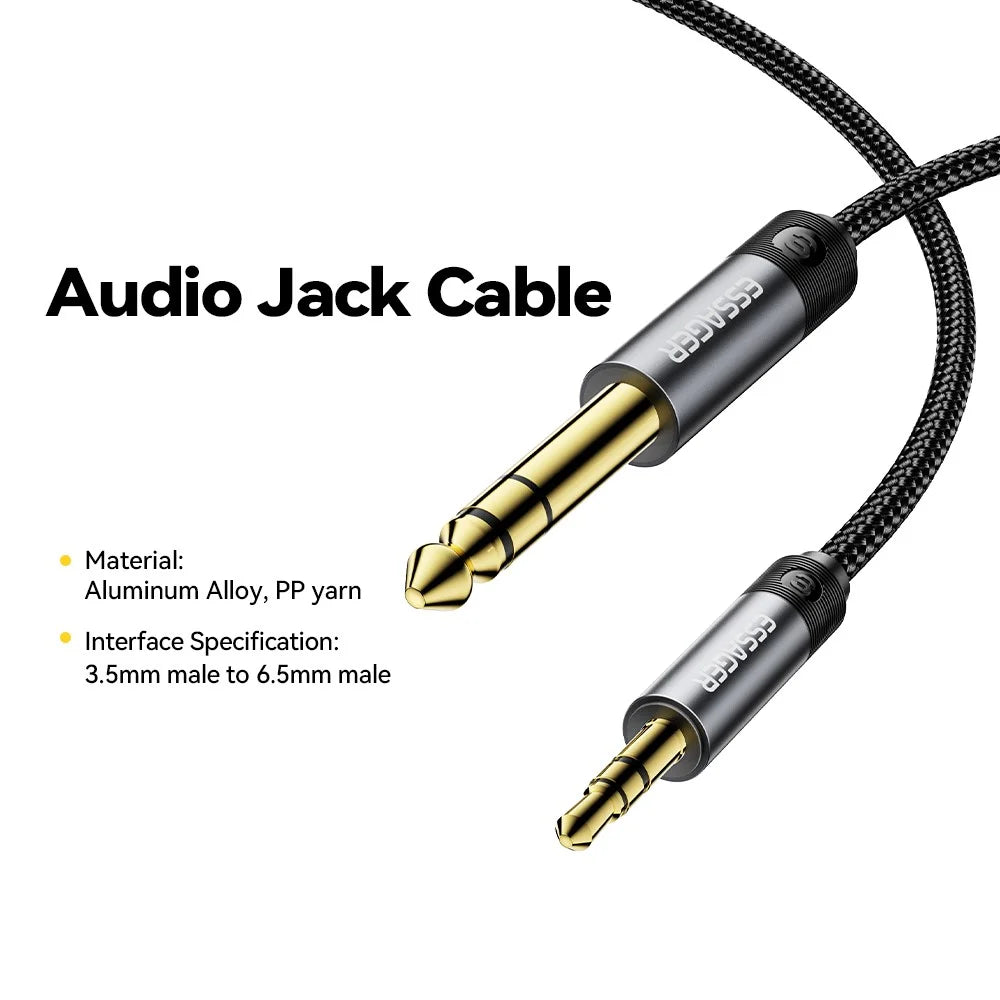 ESSAGER 3m HD Sound Braided Cord 3.5mm Male to 6.5mm Male Audio Adapter Cable with Gold Plated Connector - Grey - 3