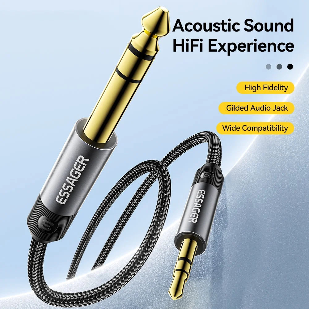 ESSAGER 3m HD Sound Braided Cord 3.5mm Male to 6.5mm Male Audio Adapter Cable with Gold Plated Connector - Grey - 4