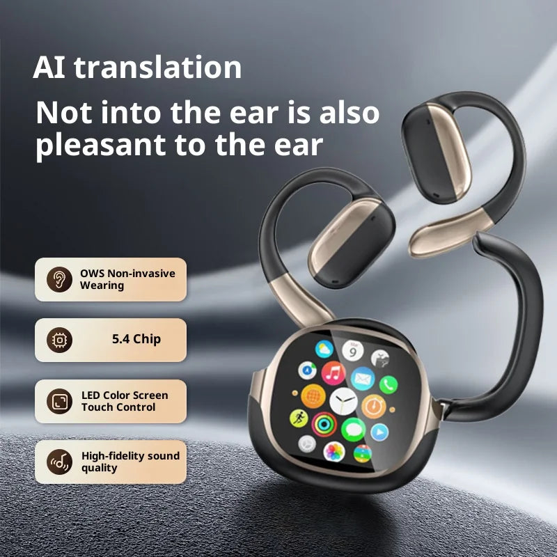 R1-PRO 2 in 1 OWS Bluetooth-compatible Earbuds Ear Hook Wireless Headphones with Full Color Touchscreen Fitness Tracker - Black + Gold - 2