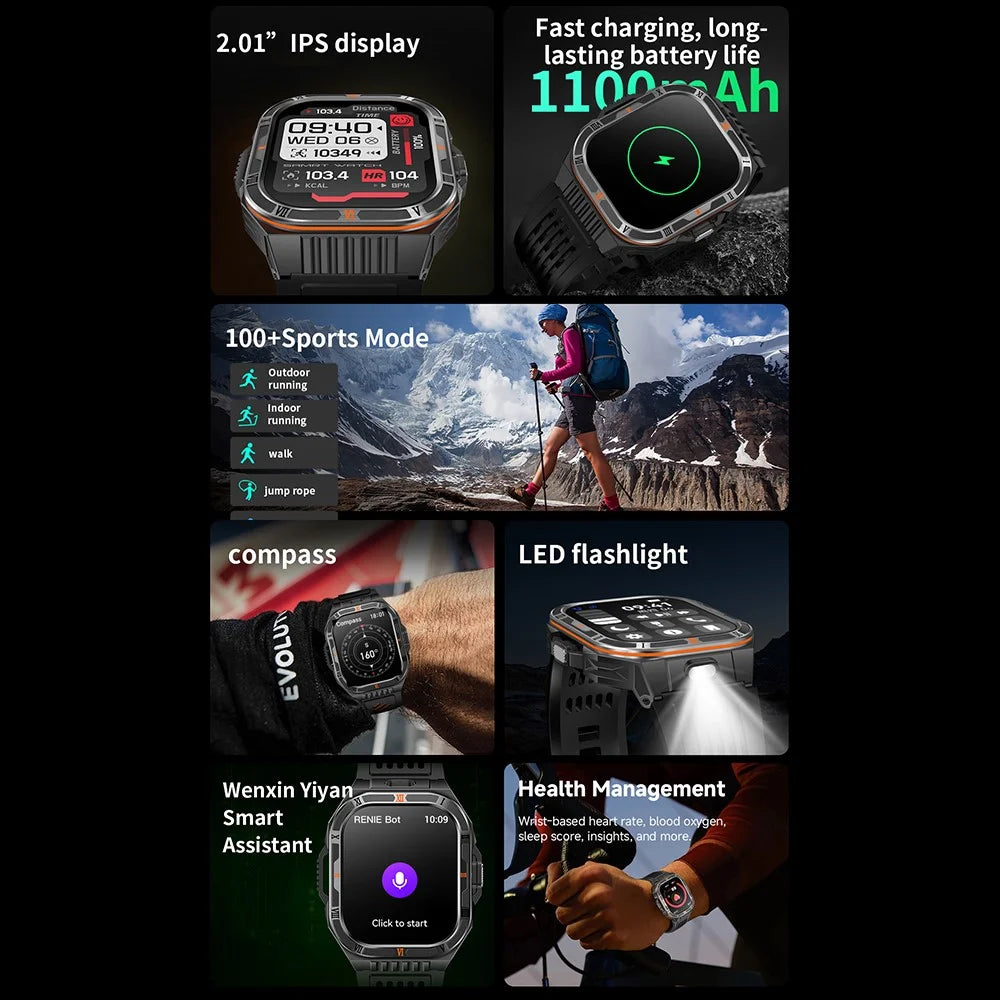 HT38 2.01 Inch IPS Screen Smart Watch for Outdoor Sports IP68 Waterproof Health Monitor Bluetooth-compatible Calling Wristwatch - Black+Orange - 2