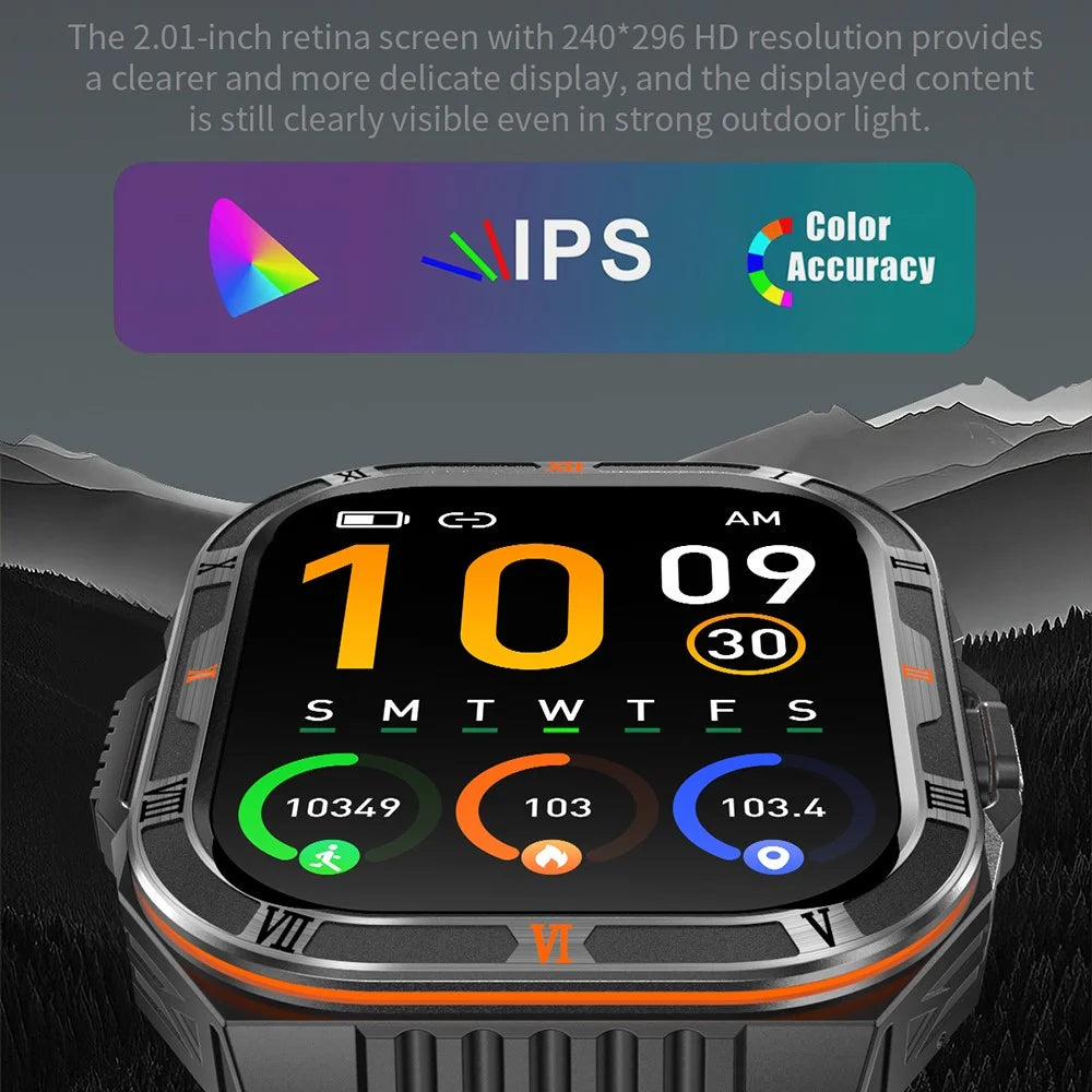 HT38 2.01 Inch IPS Screen Smart Watch for Outdoor Sports IP68 Waterproof Health Monitor Bluetooth-compatible Calling Wristwatch - Black+Orange - 3