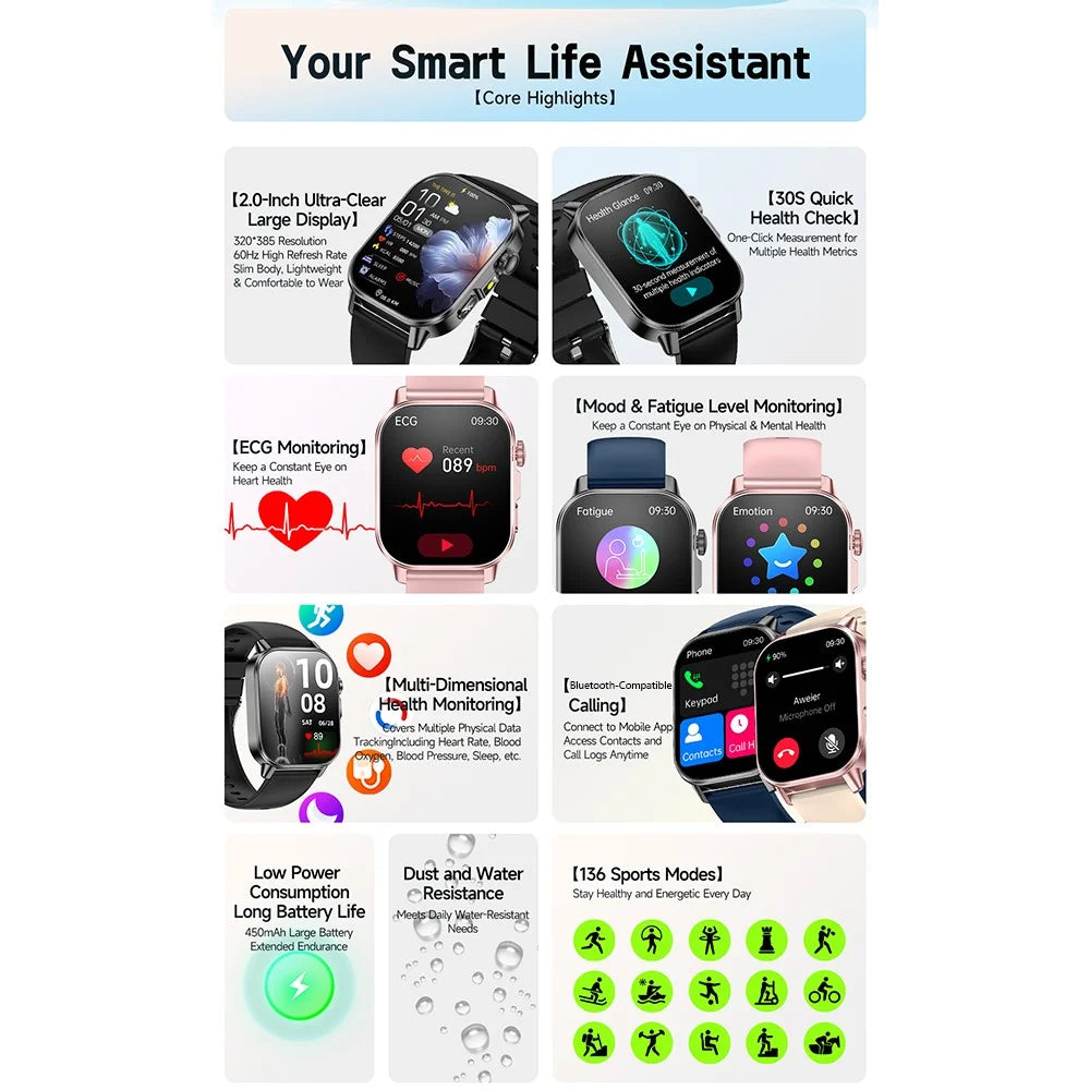 ET571 For Outdoor Sports 2.0 Inch Smart Watch ECG Blood Oxygen Monitor Bluetooth-compatible Calling Fitness Tracker - Black - 4