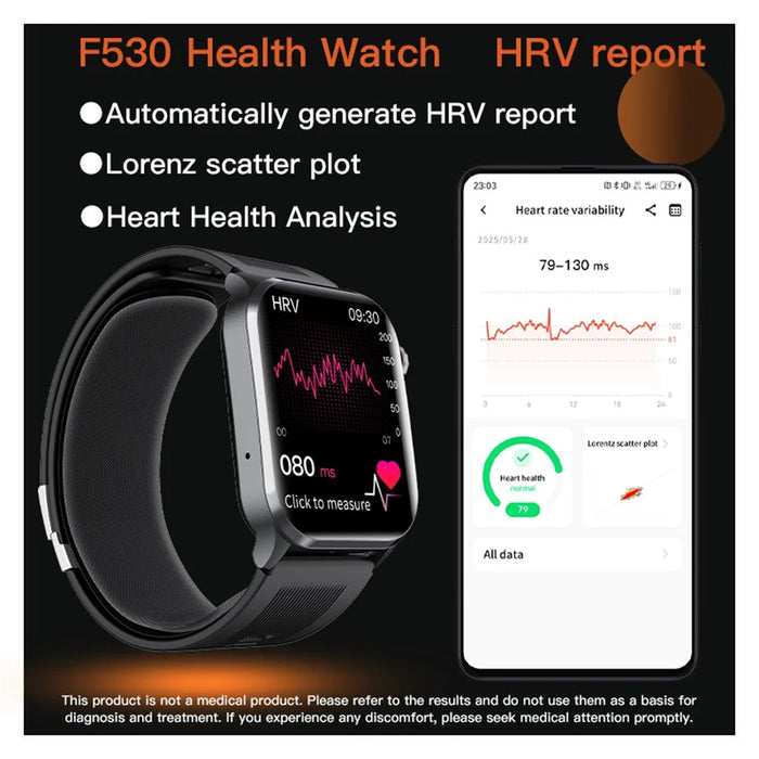F530 Air Pump Blood Pressure Smart Watch ECG Monitor Watch Heart Rate Sleep Tracker with SOS Fall Alarm Micro Health Check - Black - 6