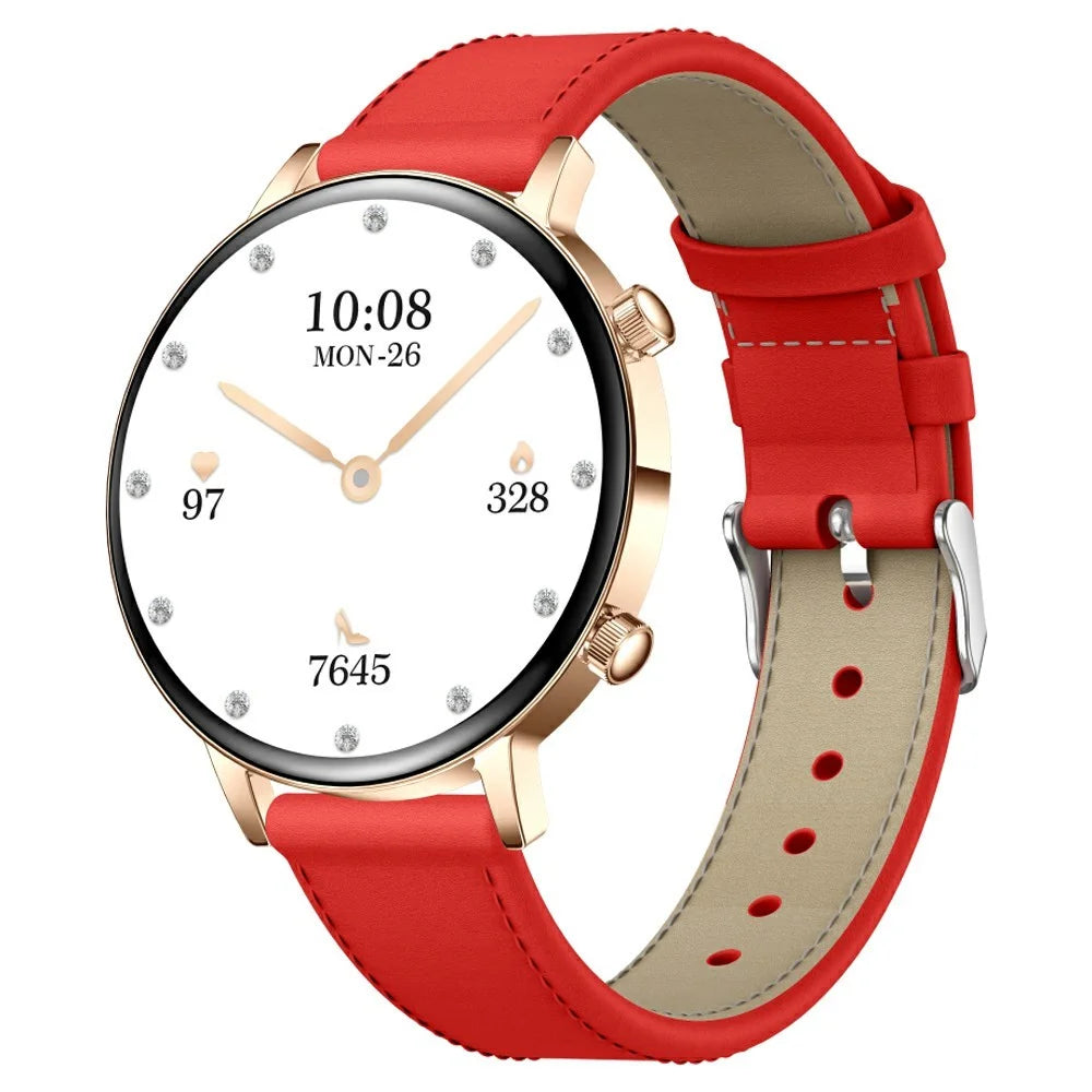 MK96 Leather Strap Smart Watch 1.32 Inch AMOLED Screen Women Health Monitor Bluetooth-compatible Calling Wristwatch - Red - 1