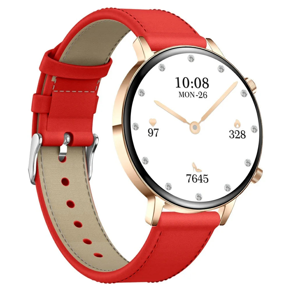 MK96 Leather Strap Smart Watch 1.32 Inch AMOLED Screen Women Health Monitor Bluetooth-compatible Calling Wristwatch - Red - 2