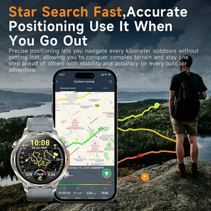 MK100 1.7 Inch Large Screen Smart Watch for Men GPS Multi Satellite Positioning Heart Rate Blood Oxygen Monitor - Black / Steel Strap - 4