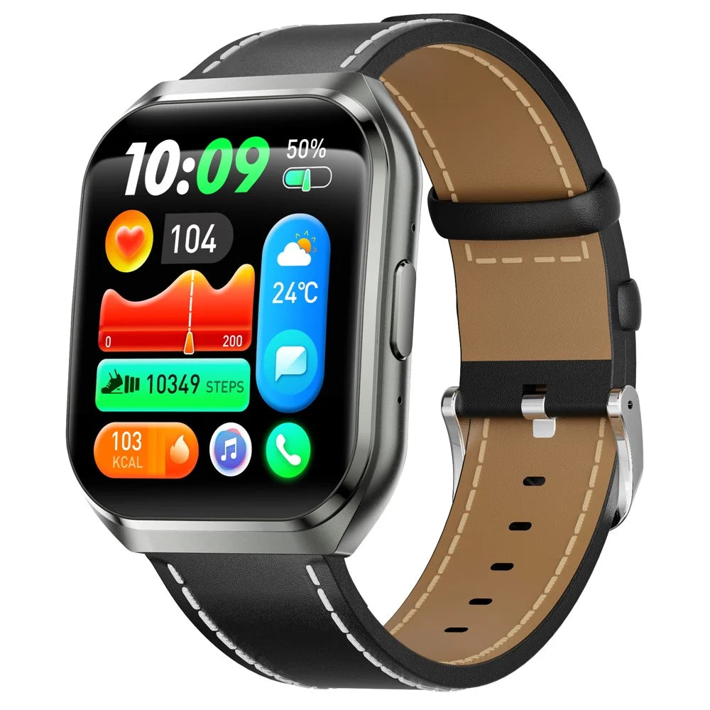 MT66 Leather Strap Smart Watch 1.83 Inch IPS Screen Fitness Tracker IP68 Waterproof Heart Rate Monitor - Black - 1