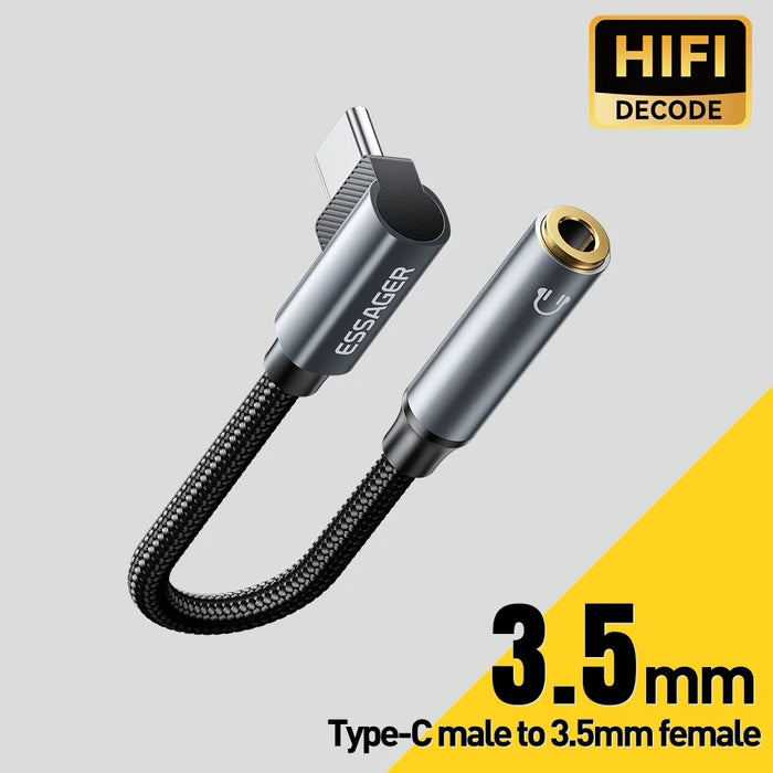 ESSAGER 12cm L-Shape Type-C Male to 3.5mm Female DAC Digital Decoder HiFi Audio Adapter - Grey - 3