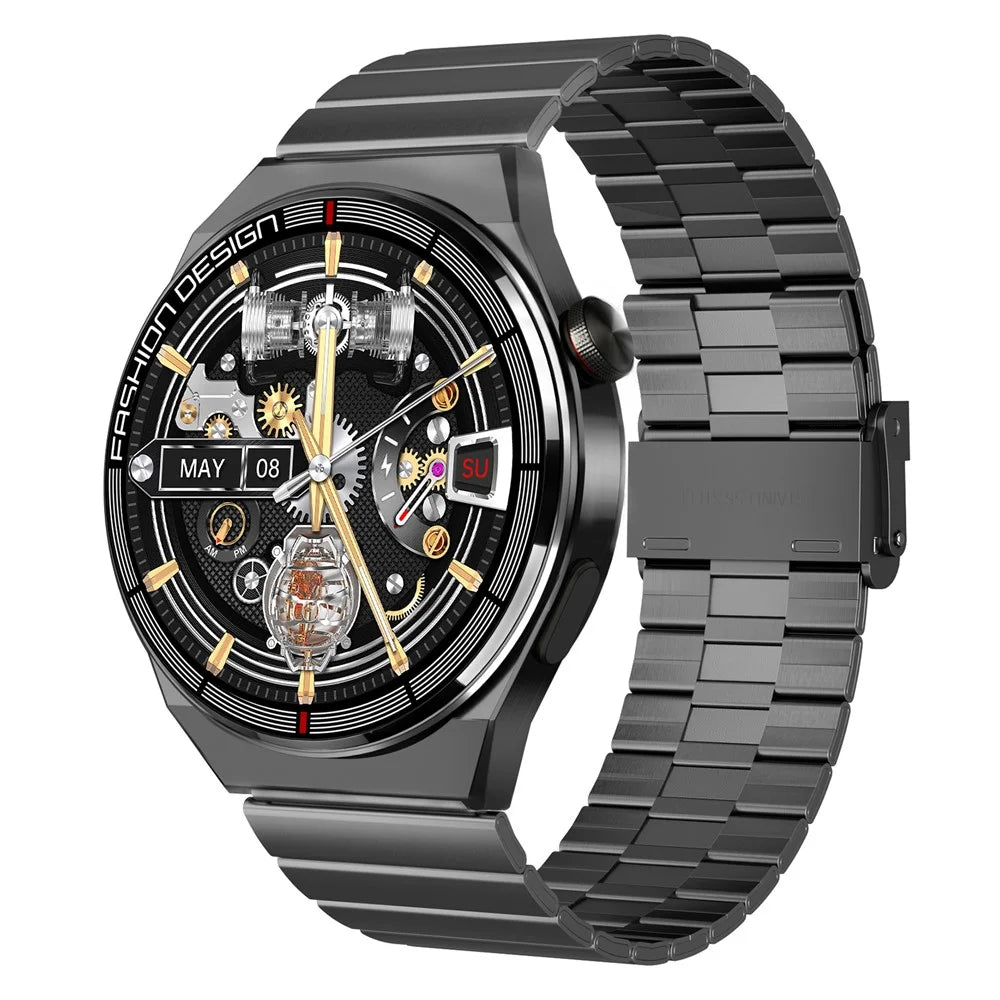 H4 promax Smart Watch Bluetooth-compatible Call Health Monitor 50+ Sports Modes NFC Wristwatch - Black Steel Strap - 1