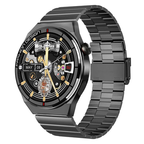 H4 promax Smart Watch Bluetooth-compatible Call Health Monitor 50+ Sports Modes NFC Wristwatch - Black Steel Strap - 1
