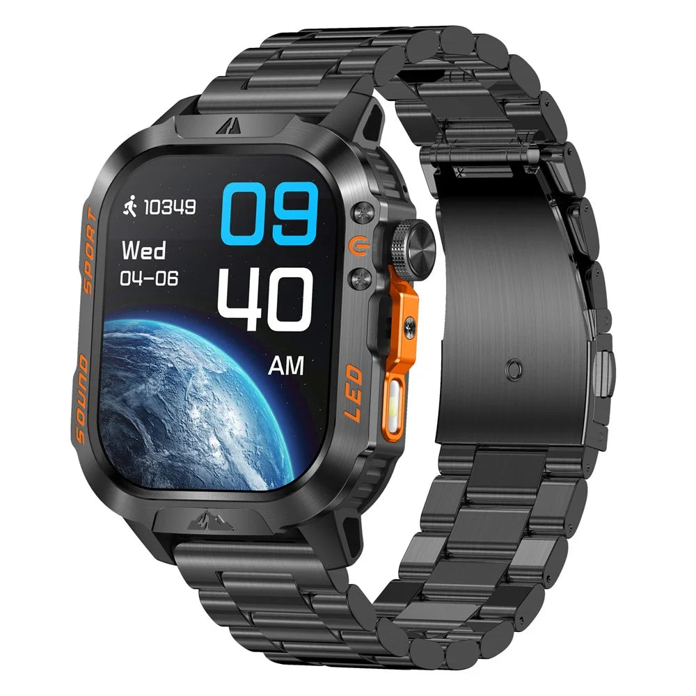 HT46 Outdoor Sports Smart Watch with Steel Band 2.01 Inch IPS 1200mAh Battery IP68 Waterproof LED Flashlight Bluetooth-compatible Calling Health Monitor for Outdoor Adventure - Black - 1
