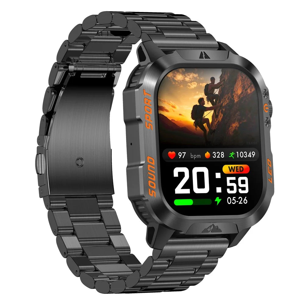 HT46 Outdoor Sports Smart Watch with Steel Band 2.01 Inch IPS 1200mAh Battery IP68 Waterproof LED Flashlight Bluetooth-compatible Calling Health Monitor for Outdoor Adventure - Black - 2
