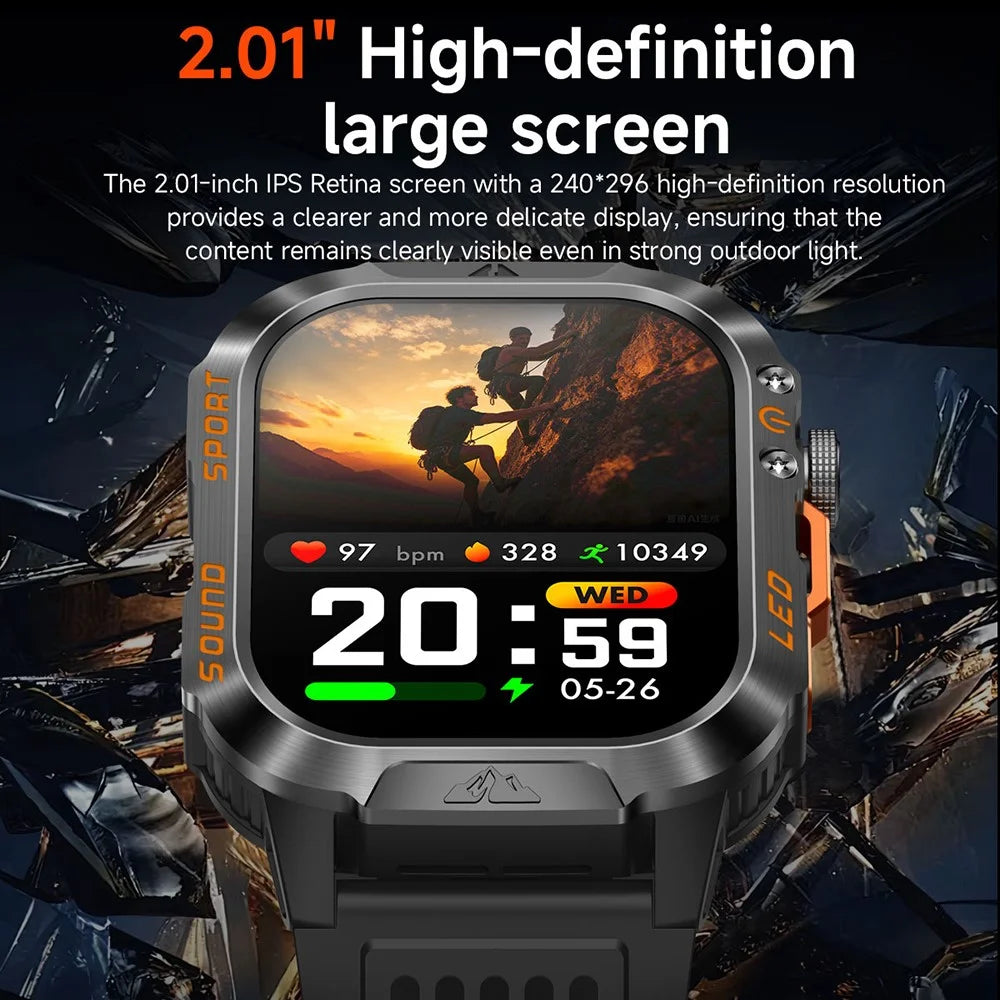 HT46 Outdoor Sports Smart Watch with Steel Band 2.01 Inch IPS 1200mAh Battery IP68 Waterproof LED Flashlight Bluetooth-compatible Calling Health Monitor for Outdoor Adventure - Black - 4