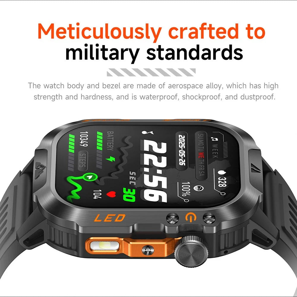 HT46 Outdoor Sports Smart Watch with Steel Band 2.01 Inch IPS 1200mAh Battery IP68 Waterproof LED Flashlight Bluetooth-compatible Calling Health Monitor for Outdoor Adventure - Black - 5
