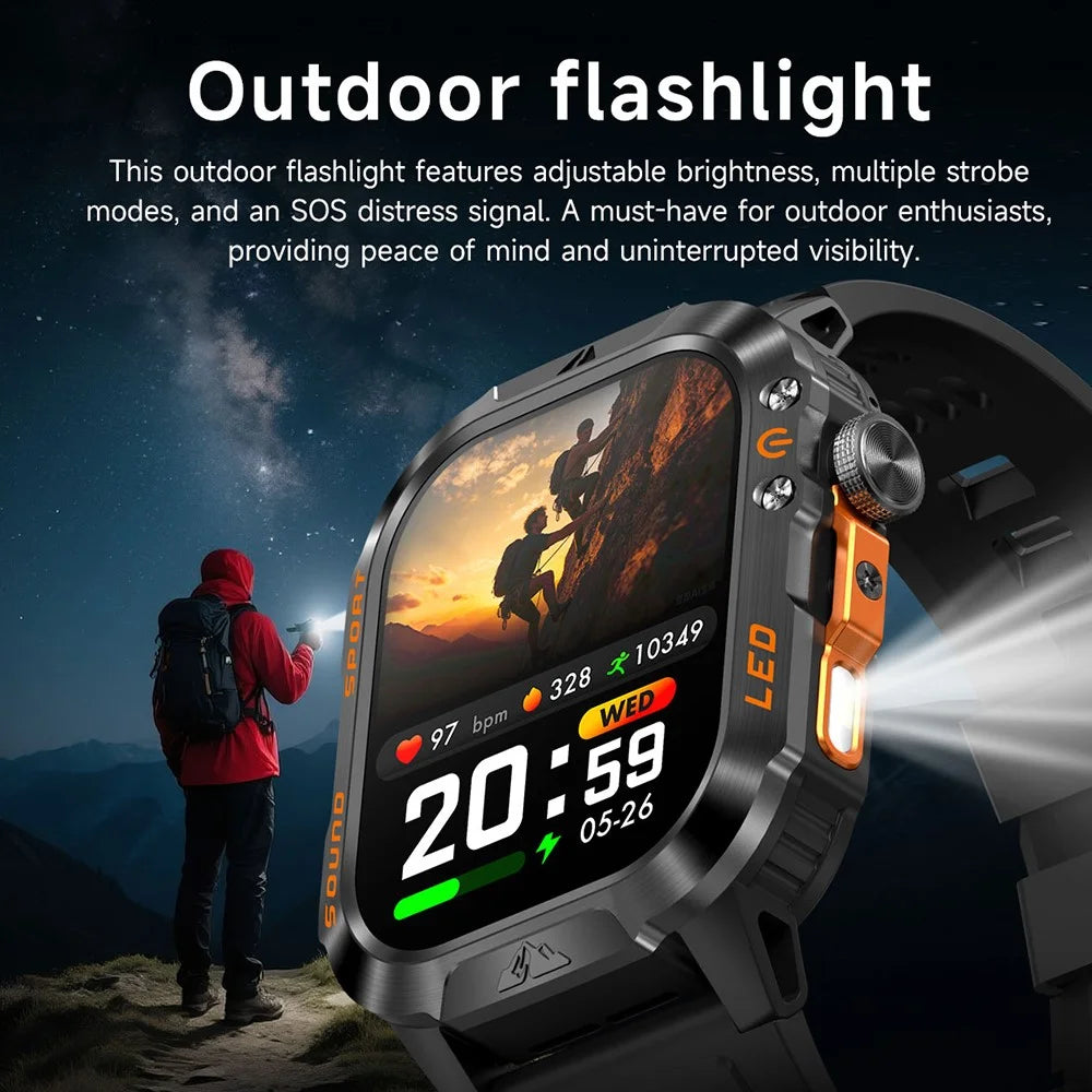 HT46 Outdoor Sports Smart Watch with Steel Band 2.01 Inch IPS 1200mAh Battery IP68 Waterproof LED Flashlight Bluetooth-compatible Calling Health Monitor for Outdoor Adventure - Black - 6