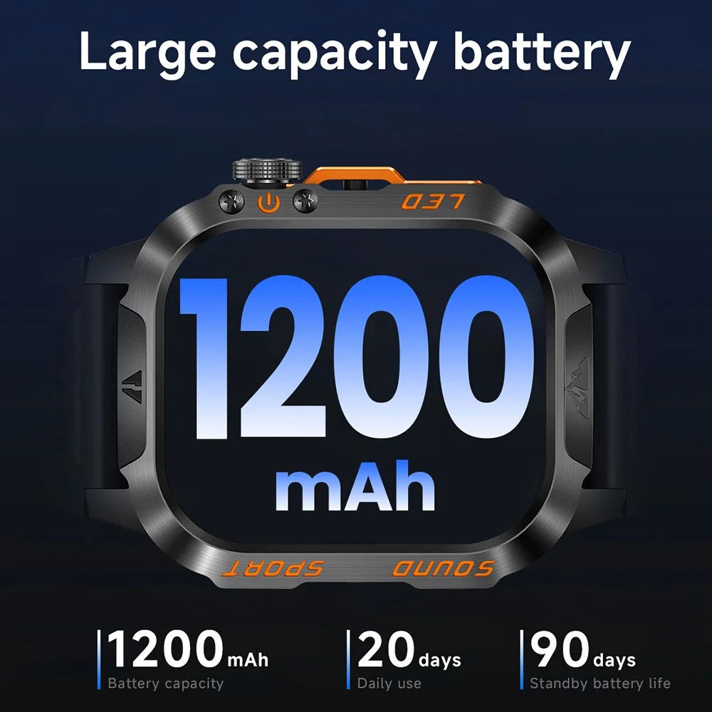 HT46 Outdoor Sports Smart Watch with Steel Band 2.01 Inch IPS 1200mAh Battery IP68 Waterproof LED Flashlight Bluetooth-compatible Calling Health Monitor for Outdoor Adventure - Black - 7