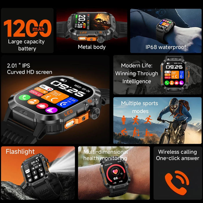 HT46 Sports Smart Watch 2.01 Inch IPS 1200mAh Battery IP68 Waterproof LED Flashlight Bluetooth-compatible Calling Health Monitor for Outdoor Adventure - Black - 3