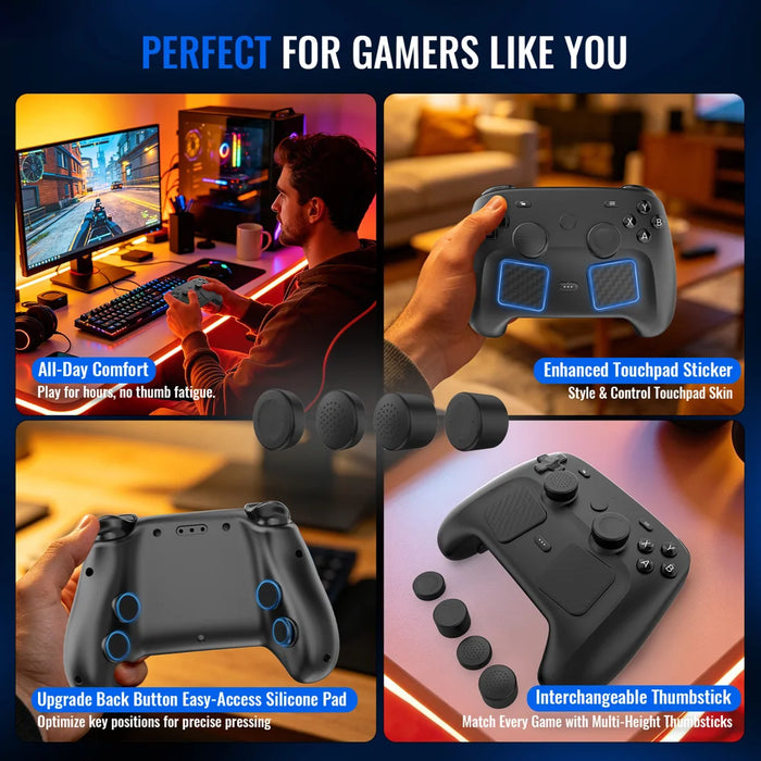 JYS-SDM011 For Steam Controller (2nd generation) Silicone Thumbstick Caps Back Button Pads Touchpad Stickers Set - Black - 5