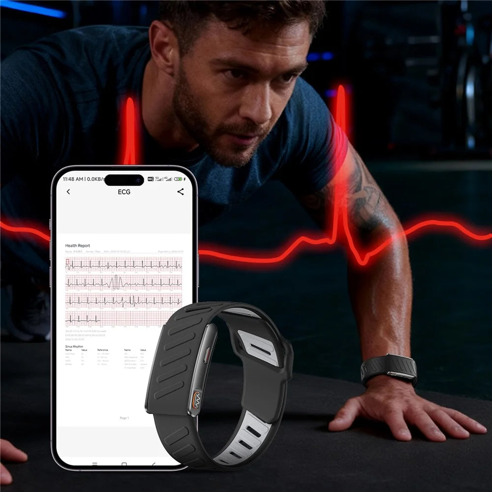 KR96 PRO Smart Health Bracelet ECG Monitor 24H Heart Rate Blood Oxygen Sleep Tracker for Fitness, with 2 Straps - Black Silicone+Black Braided Straps - 2