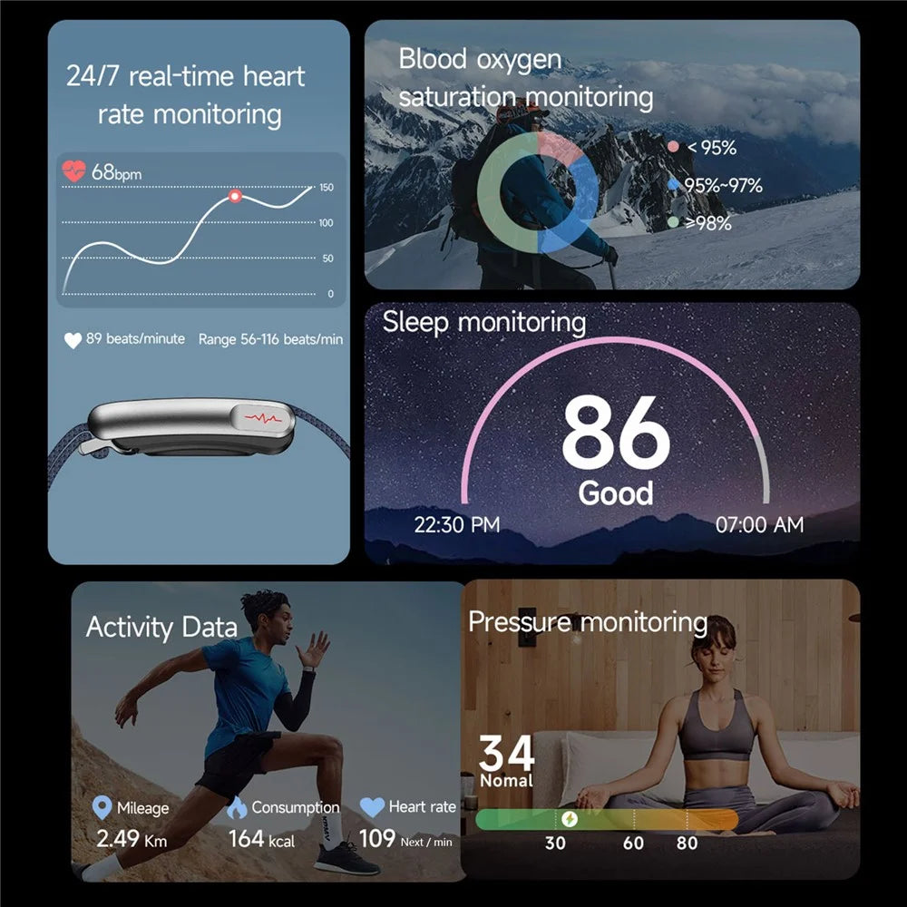 MF91 ECG Smart Wristband Fitness Tracker Heart Rate Blood Oxygen Sleep Monitor IP68 Waterproof Screenless Health Band - Black - 6